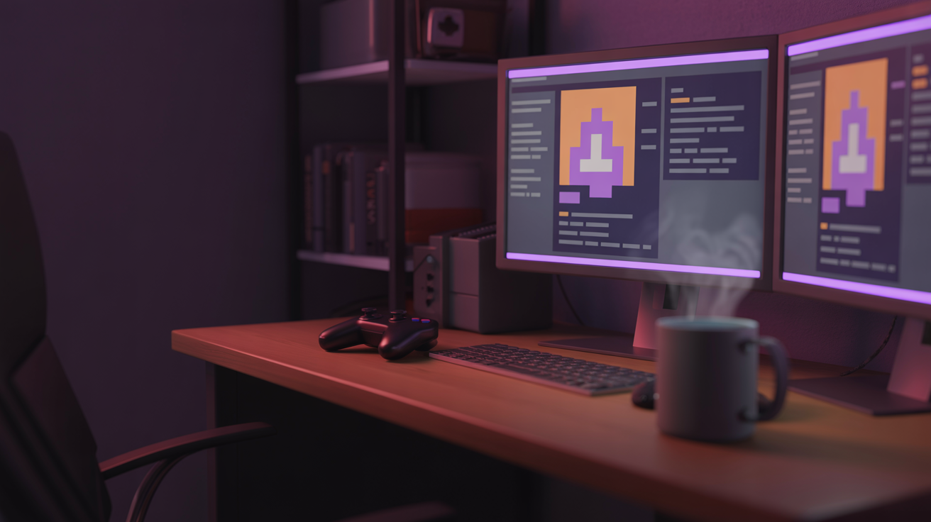 A cozy indie developer workspace with two monitors, a gamepad and warm purple light